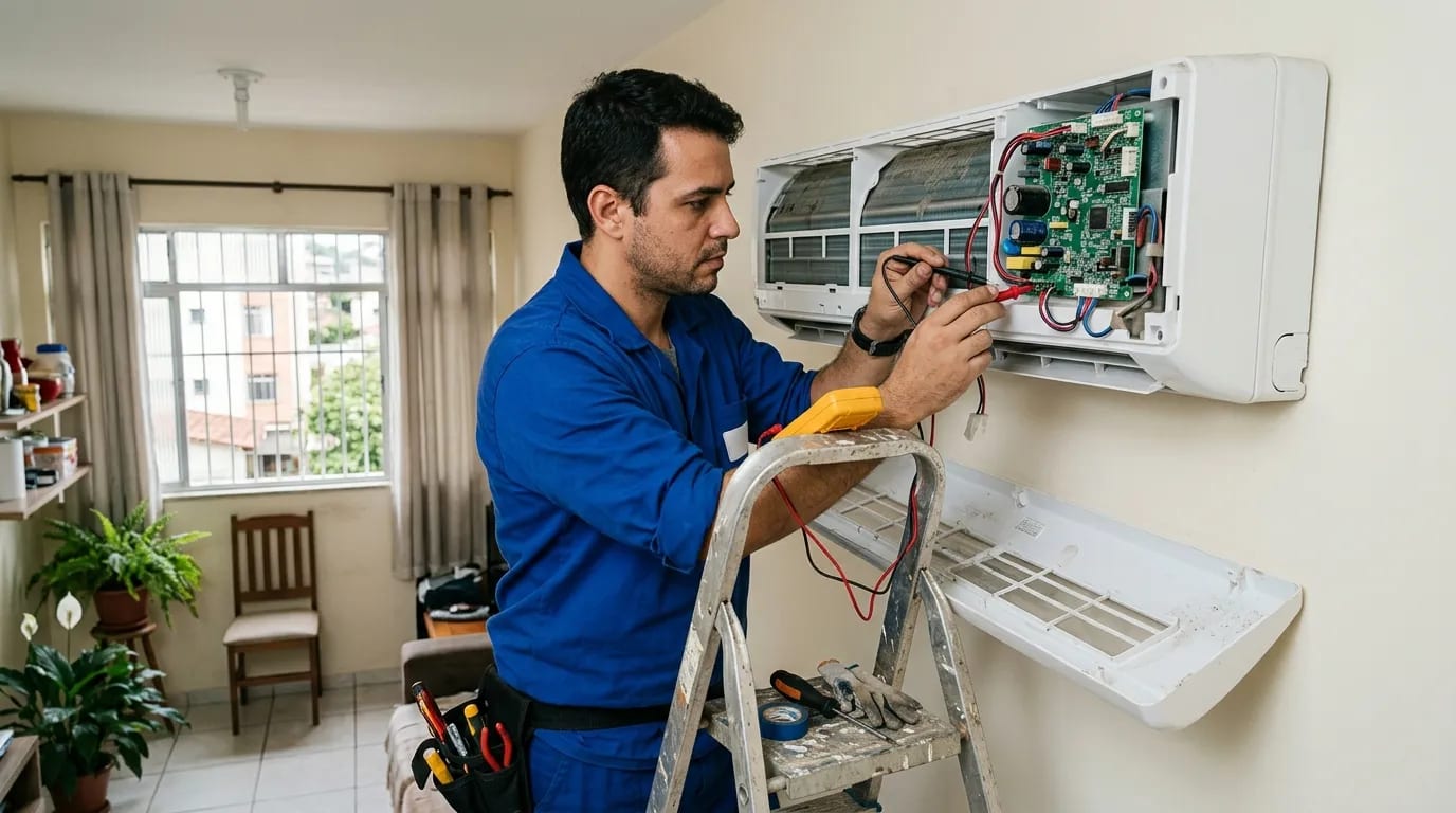 Eletricista ligando a placa do ar-condicionado split em Piracicaba‑SP